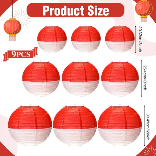 Miniatura 2 de Honoson 9 linternas de papel decorativas colgantes redondas de 8 pulgadas, 10 pulgadas, 12 pulgadas, lámparas de bola rojas y blancas para fiesta