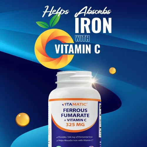 Miniatura 7 de Vitamatic Fumarato ferroso 325 mg + vitamina C 100 mg (104 mg de hierro elemental) – Suplemento de hierro de alta potencia – Suave para el estómago