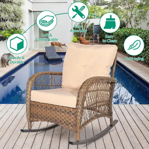 Miniatura 5 de VIVIJASON Mecedora de mimbre para exteriores, silla mecedora de ratán para patio con cojines y marco de acero, muebles de mimbre mecedores