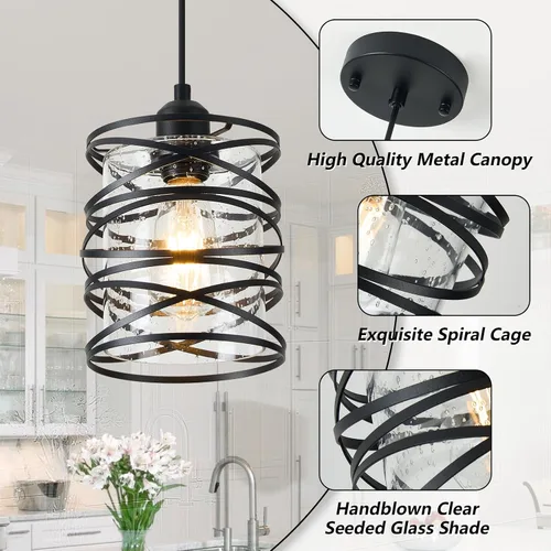 Miniatura 5 de Paquete de 1 lámpara colgante de 6.3 pulgadas en espiral negra para isla de cocina, luz moderna de metal soplado a mano, vidrio sembrado, luz Negro
