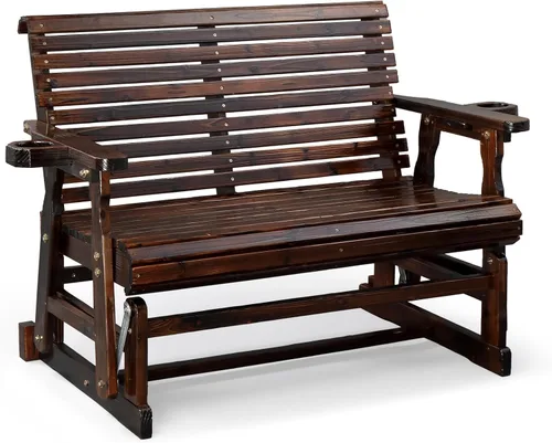 Miniatura 14 de VINGLI Planeador de madera para patio, resistente de 600 libras para exteriores con portavasos, banco de madera individual con respaldo alto