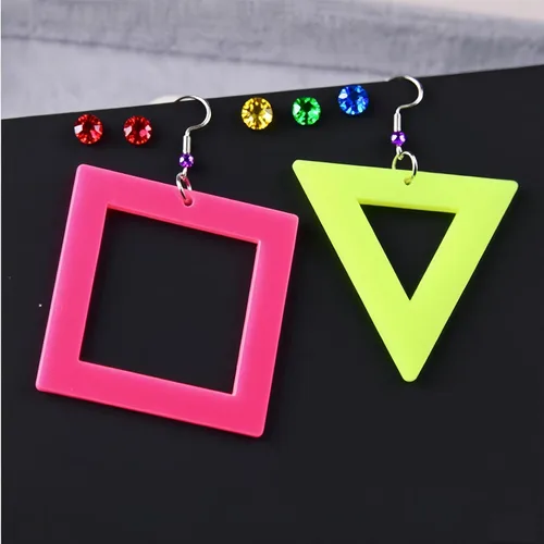 Aretes de neón de los años 80 y 90 para mujer, color amarillo, rosa, triangular, cuadrados, huecos, aretes colgantes acrílicos coloridos para los