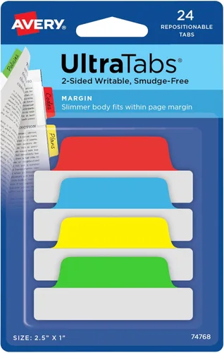 Avery Pestañas Margin Ultra, 2.5 x 1 pulgada, 2 lados para escribir, colores surtidos, 24 pestañas de página reposicionables (74768)