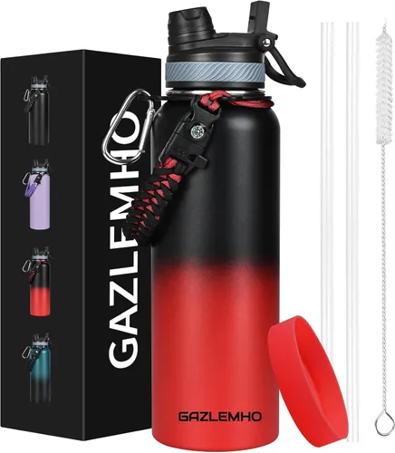Miniatura 9 de GAZLEMHO Botella de agua aislada de 40 onzas con pajilla y boquilla, tapa 2-en-1, acero inoxidable de triple pared al vacío, fría durante 48H, a