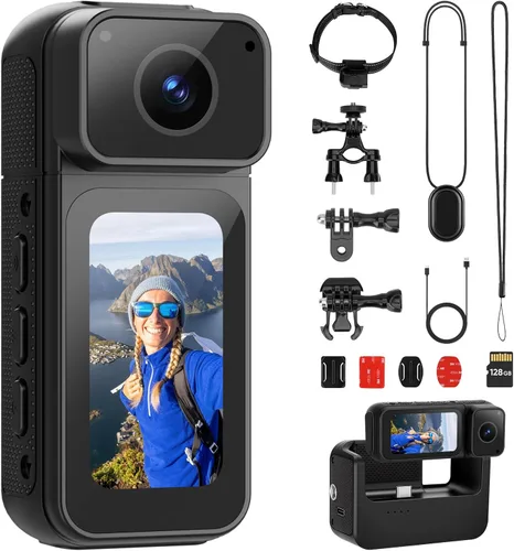 Mini cámara corporal de 128G con pantalla LCD de 1.47 pulgadas, cámara corporal de acción de tamaño pulgar de 2.7 K con audio y video pulgar manos