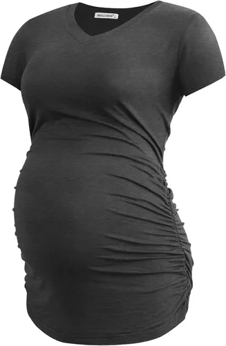 Miniatura 6 de Smallshow Ropa de maternidad con cuello en V para mujer, camiseta de embarazo fruncida lateral
