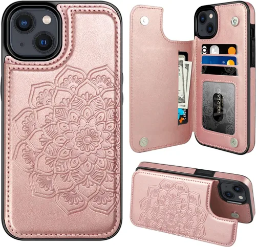 Miniatura 24 de MMHUO Funda para iPhone 14 con tarjetero y parte trasera magnética de flores para iPhone 14, funda protectora para iPhone 14, color oro rosa