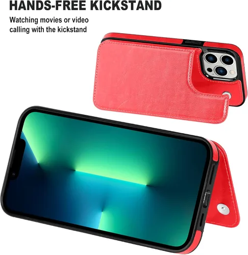 Miniatura 5 de Funda tipo cartera para iPhone 13 Pro Max, funda de piel sintética suave premium con función atril y función atril para iPhone 13 Pro Max de 6.7 Rojo