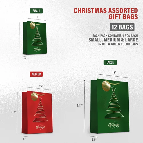 Miniatura 4 de easykart labels 12 bolsas de regalo de Navidad, rojo y verde metálico y acabado de textura con árbol de Navidad dorado y brillante, varios tamaños