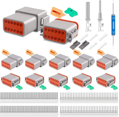 JRready ST6327-12 Deutsch Kit de conectores DT de 12 pines, conectores DT impermeables grises de 12 pines (5 juegos), tamaño 16 contactos estampados