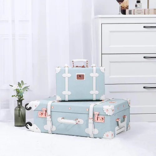 Miniatura 2 de Unitravel Juego de equipaje vintage de 2 piezas aprobado por la TSA para mujer bonita maleta con bolso repujado azul Estilo vintage