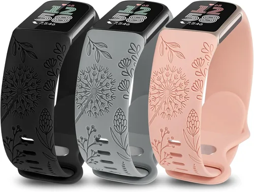 Miniatura 12 de Minyee Paquete de 3 bandas grabadas florales compatibles con Fitbit Charge 6 bandas/Fitbit Charge 5 bandas para mujer, lindo diseño de flores