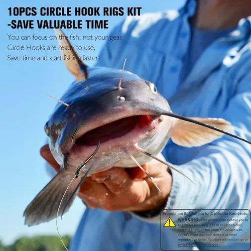 Miniatura 7 de Dovesun 10 piezas de anzuelos pre-ensartados para bagre, anzuelos circulares/de pulpo para bagre, anzuelos circulares offset para pesca de agua