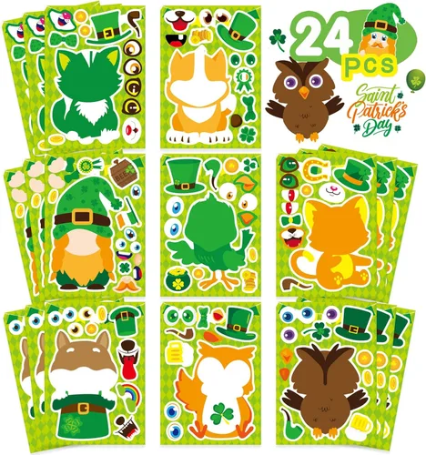 24 hojas de calcomanías del Día de San Patricio Combina y crea una cara Calcomanías de animales Suministros de recuerdos de fiesta del Día de San
