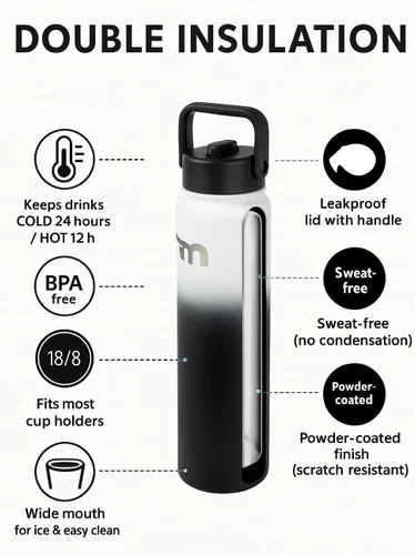 Miniatura 5 de Botella de agua de acero inoxidable prémium de 24 onzas, tapa 2 en 1, retención fría de 24 horas y 12 horas, a prueba de fugas, sin BPA, diseño