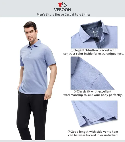 Miniatura 4 de VEBOON Men's Polo Shirts Long and Short Sleeve Cotton Blend Heather Moisture Wicking Casual Collared Shirts