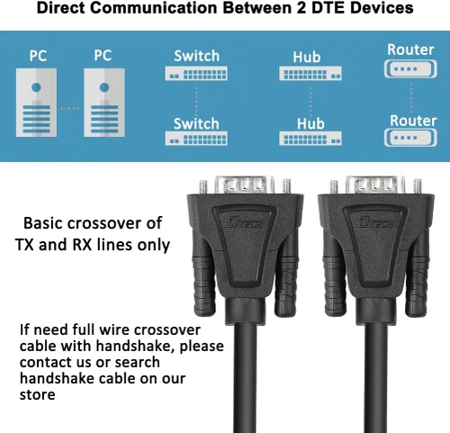 Miniatura 5 de DTech DB9 RS232 - Cable serie macho a hembra, cable de módem nulo, línea cruzada TX RX para comunicación de datos (10 pies, negro)