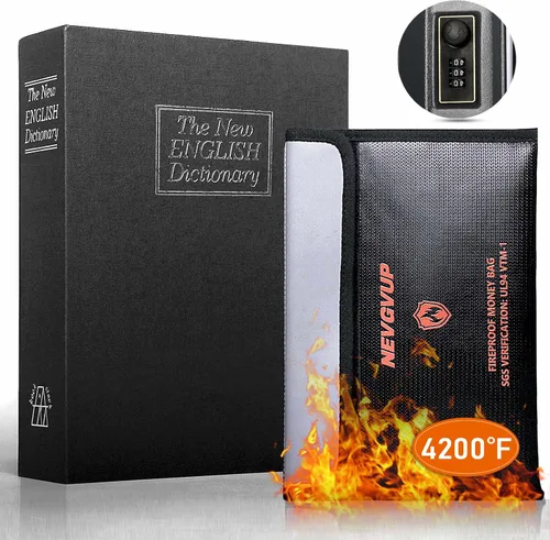 Miniatura 11 de Caja fuerte de libro de diversión con bolsa de dinero a prueba de fuego de 4200°F y cerradura de combinación, 10.5" x 7.9" x 2.5" caja fuerte