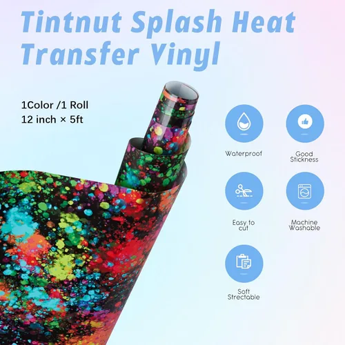Miniatura 2 de Tintnut Splash Rollo de vinilo de transferencia de calor, 12 pulgadas x 5 pies, tinta de acuarela multicolor con estampado de tinta HTV