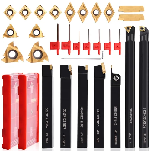 Juego de 28 herramientas de torno indexables, 7 soportes de herramientas de torno de metal con vástago de 1/2 pulgada (0.472 in) con 14 insertos de
