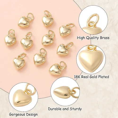 Miniatura 3 de KitBeads 10 dijes de corazón chapados en oro real de 18 quilates de latón dulce amor, mini colgantes 3D para el día de San Valentín para hacer