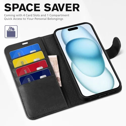 Miniatura 7 de TUCCH Funda tipo cartera para iPhone 15 Plus, [bloqueo RFID] 4 tarjeteros con función atril [funda interior de TPU a prueba de golpes] Funda Negro