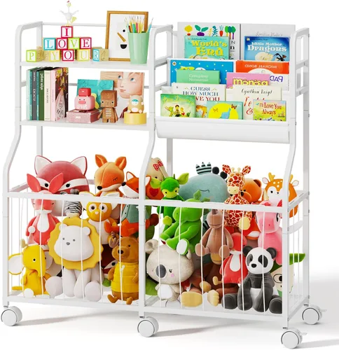 Miniatura 8 de BBLIKE Organizador de almacenamiento de animales de peluche, estantería rodante para niños y almacenamiento de juguetes con exhibición de libros