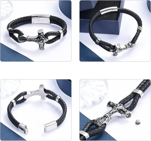 Miniatura 4 de constantlife Viking Thor's Hammer - Pulsera de cremación para cenizas para hombres, pulsera de cuero trenzado, brazalete conmemorativo de urna