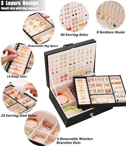 Miniatura 3 de QBestry Organizador de aretes de tuerca para mujeres y hombres, caja de joyería negra para aretes, collar, organizador de joyas, caja de aretes