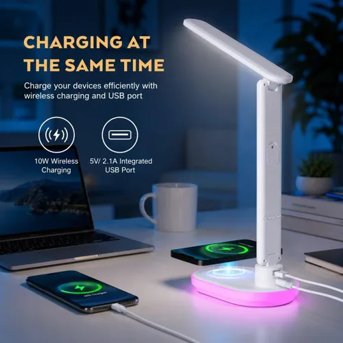 Miniatura 5 de Lámpara de escritorio LED con carga inalámbrica QI de 10 W, lámpara de mesa Flexo con 3 colores y 5 niveles de brillo con función de carga, USB