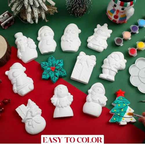 Miniatura 5 de Leyndo Juego de 12 piezas de cerámica de Navidad para pintar, pintar tus propias figuras, Papá Noel, muñeco de nieve, árbol de Navidad