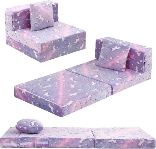 Miniatura 23 de MeMoreCool Silla Cama Futón Plegable para Niños, Sofá Cama Tri-plegable Brillante Convertible Colchón Sofá para Niños Pequeños, Sofá de Espuma