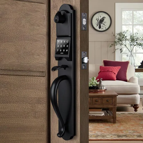 Juego de manijas inteligentes para puerta delantera, cerradura de puerta de entrada sin llave con pantalla táctil, acabado negro mate, mano izquierda