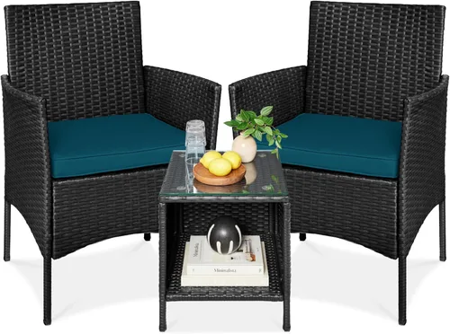Miniatura 9 de Best Choice Products Juego de 3 piezas de mimbre para conversación al aire libre, muebles de patio que ahorran espacio para jardín con mesa