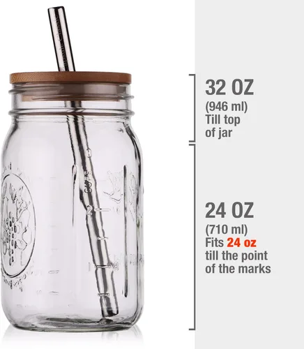 Miniatura 2 de Tazas reutilizables de té y licuado de burbujas Boba – 2 tarros de vidrio de boca ancha de 32 onzas con tapas de bambú – 2 popotes Boba