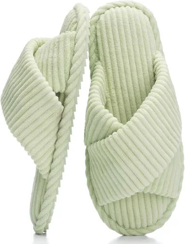 Miniatura 19 de GOEWY - Pantuflas para mujer con espuma viscoelástica para el hogar, con entretejido de pana, tiras cruzadas, con punta abierta, sandalias cómodas