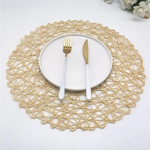 Miniatura 2 de Manteles individuales de tamaño grande de 14.9 pulgadas Tapete creativo redondo trenzado Tapete de estilo bohemio para mesa de cocina, Beige