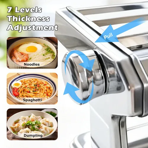 Miniatura 4 de Máquina para hacer pasta con 7 ajustes de grosor ajustable, máquina manual de fideos de acero inoxidable, rodillo y cortadores de pasta con mango