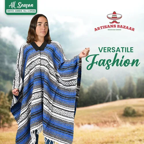 Miniatura 46 de Artisans Bazaar Poncho tradicional mexicano de Baja para hombres y mujeres, auténtico sarape de Gaban, manta de vaquero Pancho Jorongo