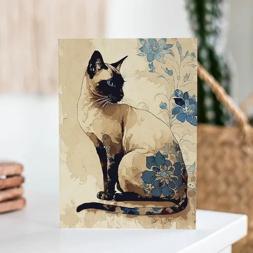 Artery8 Gato siamés con flores azules acuarela y tinta ilustración moderna arte cumpleaños sellada tarjeta de felicitación más sobre en blanco en el