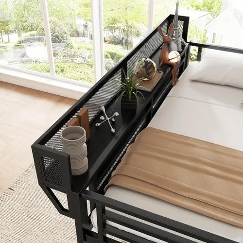 Miniatura 5 de KEIKI Estructura de Cama Loft de Metal Tamaño Twin con Escalera Convertible, Estantes de Almacenamiento Integrados y Armario, Cama Loft con Listones