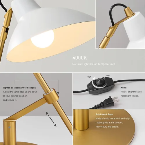 Miniatura 9 de Desk Lamp Modern Industrial 100% Metal Adjustable Table Lamp 24", Natural Light (4000K) with Dimmer, Ideal for Office Bedroom Study Room Living Room