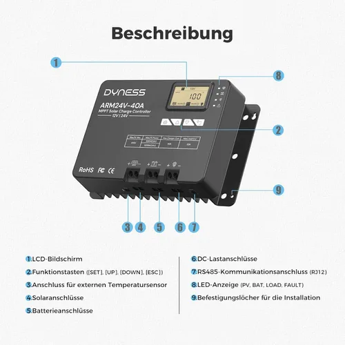 Miniatura 6 de Dyness Controlador de carga solar MPPT automático de 40 A, 12 V/24 V, control de aplicación y pantalla LCD, regulador solar de 40 amperios