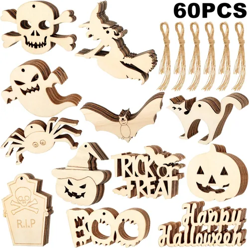 60 piezas de rebanadas de madera de Halloween, etiquetas colgantes en blanco, adornos de madera para Halloween, otoño, recortes de calabaza,