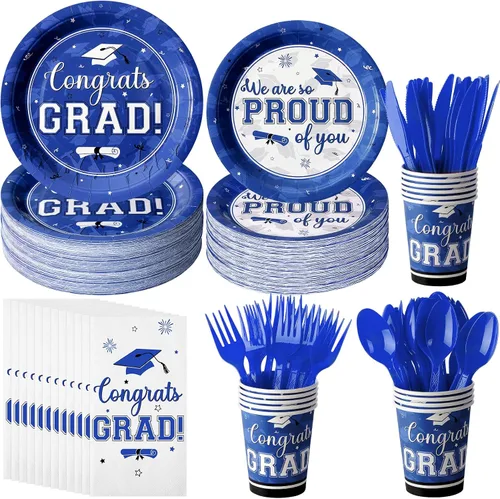 Miniatura 9 de Suministros para fiesta de graduación, juego de platos y servilletas de graduación de felicitaciones, vajilla desechable, platos de papel