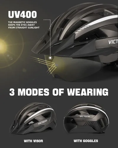 Miniatura 2 de VICTGOAL Casco de bicicleta para hombres y mujeres con luz LED, gafas magnéticas desmontables, visera solar extraíble, casco de bicicleta de montaña