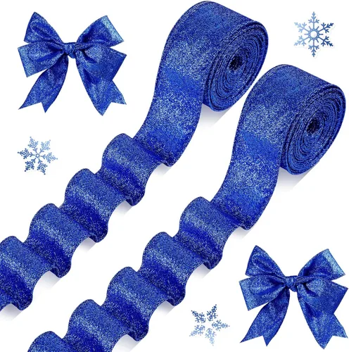 2 Rollos 20 Yardas Cinta de Navidad con Alambre Cinta Gruesa con Purpurina Cinta Metálica con Alambre para Envolver Regalos Cinta de Árbol de