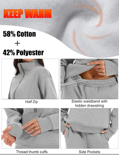 Miniatura 4 de PEHMEA Conjunto deportivo de 2 piezas de otoño para mujer, con forro polar, holgado, manga larga, media cremallera, cómodo conjunto de descanso