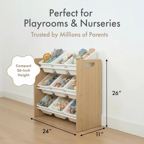 Miniatura 2 de Humble Crew Organizador de juguetes de 9 compartimientos: madera natural Journey con contenedores de plástico blanco, solución de almacenamiento
