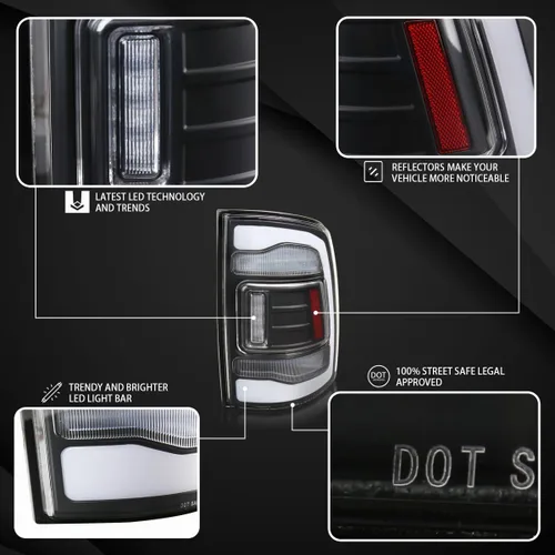 Miniatura 3 de Autozensation Compatible con Dodge Ram 1500 2500 3500 2009-2018, conjunto de par izquierdo y derecho, luces traseras LED negras con barra de luz LED